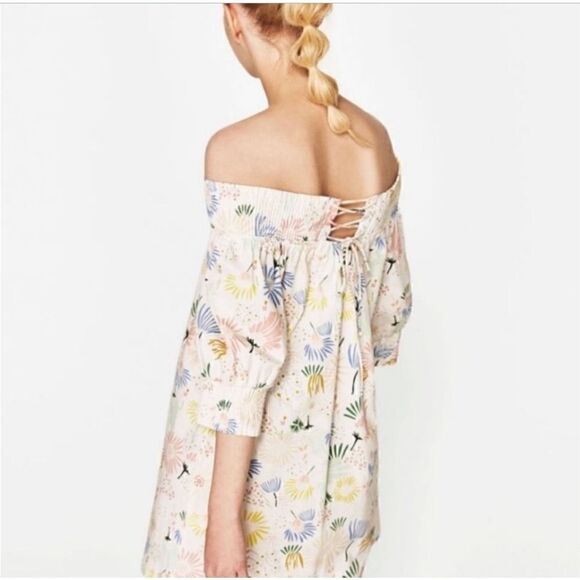 Zara Floral Multicolor Smocked Off-The-Shoulder Mini Dress - size S - Picture 3 of 10
